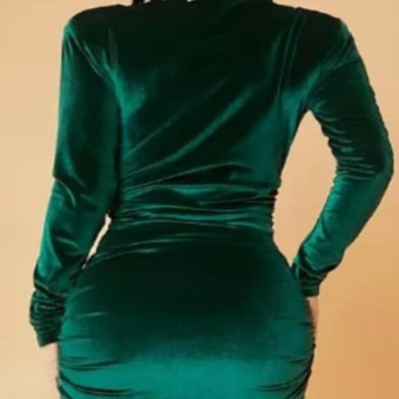 New Elegant LS Dark Emerald Green Velvet Bodycon Midi Dress - Picture 5 of 5